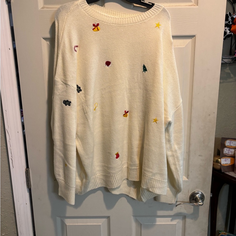 Women's Cream Sweater with Embroidered Accents